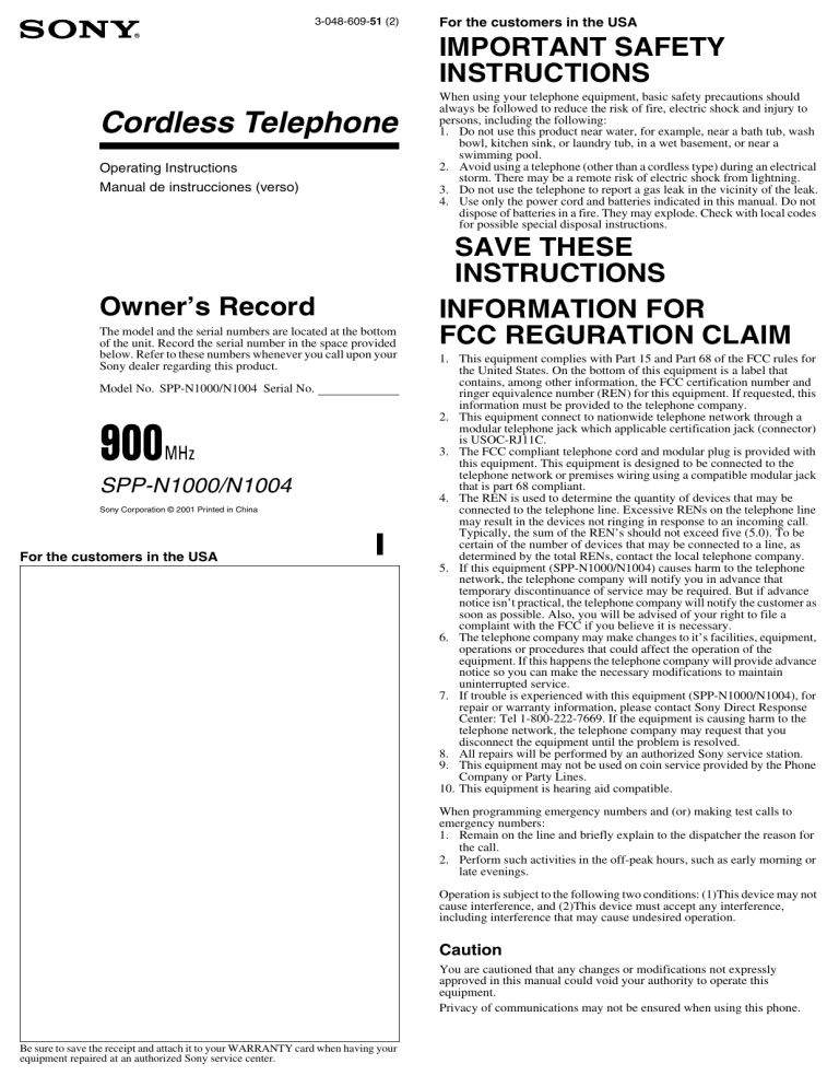 Sony Cordless Telephone SPP-N1000 User manual Sony Cordless Telephone SPP-N1000 User manual