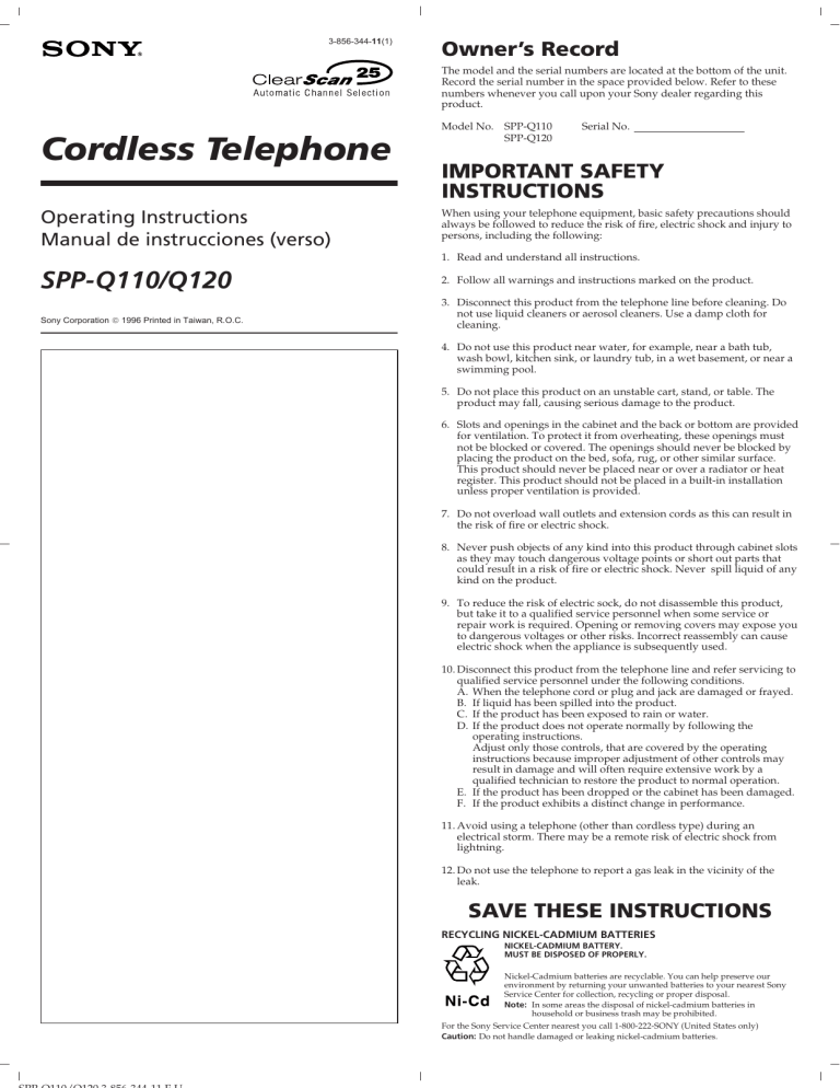 Sony Cordless Telephone SPP-Q110 User manual Sony Cordless Telephone SPP-Q110 User manual