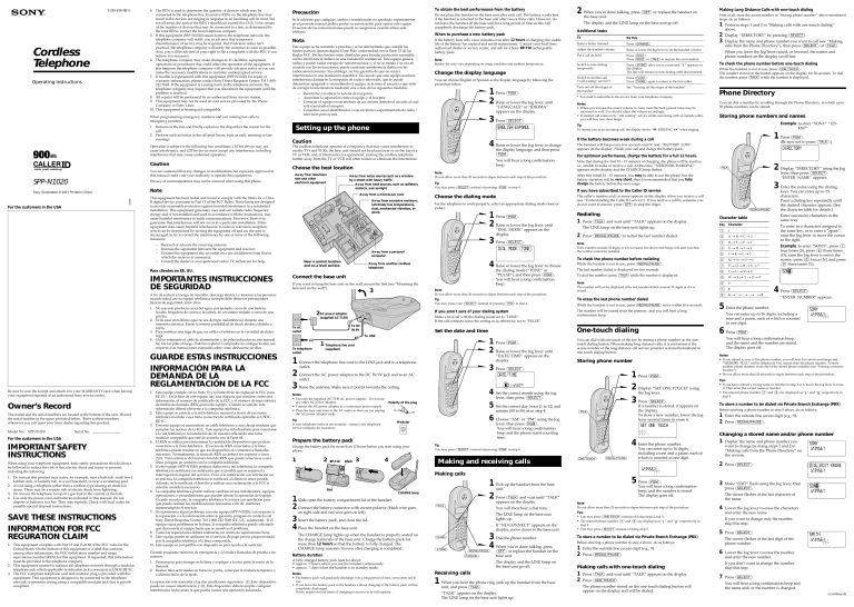Sony Cordless Telephone SPP-N1020 User manual Sony Cordless Telephone SPP-N1020 User manual