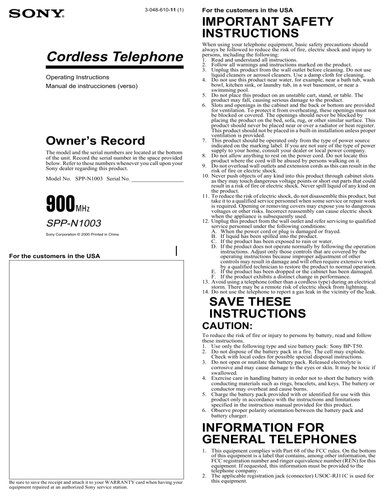 Sony Cordless Telephone SPP-N1003 User manual Sony Cordless Telephone SPP-N1003 User manual