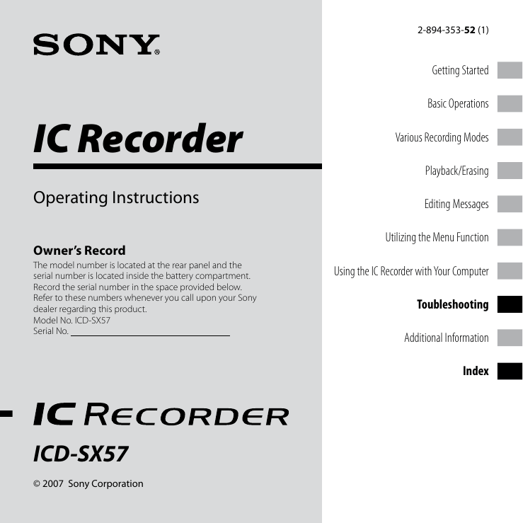 Sony DVR ICD-SX57 User manual Sony DVR ICD-SX57 User manual