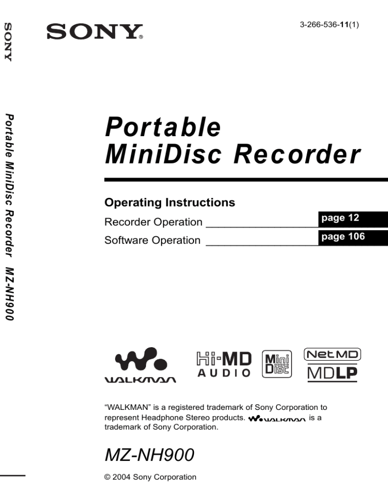Sony DVD Recorder MZ-NH900 User manual Sony DVD Recorder MZ-NH900 User manual