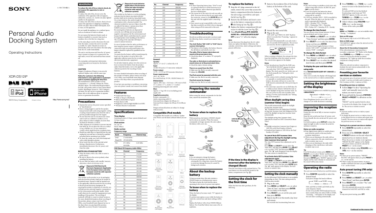 Sony MP3 Docking Station XDR-DS12iP User manual Sony MP3 Docking Station XDR-DS12iP User manual