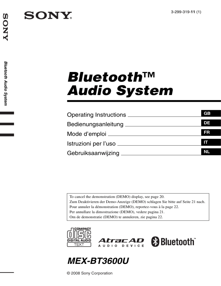 Sony Bluetooth Headset MEX-BT3600U User manual Sony Bluetooth Headset MEX-BT3600U User manual