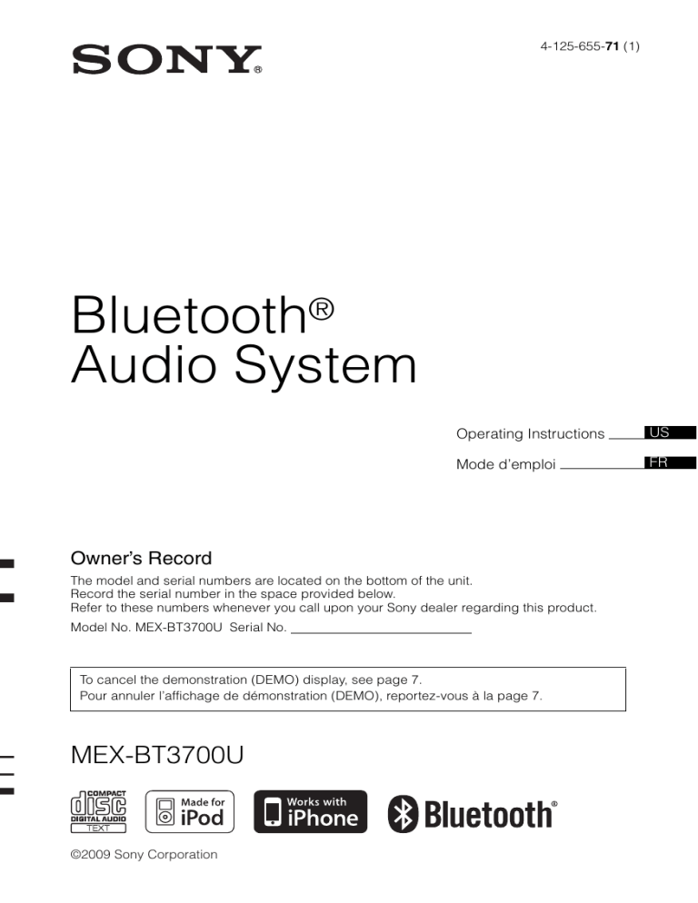 Sony Bluetooth Headset MEX-BT3700U User manual Sony Bluetooth Headset MEX-BT3700U User manual
