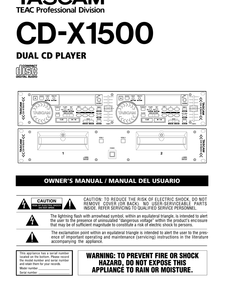 Sony CD Player CD-X1500 User manual Sony CD Player CD-X1500 User manual
