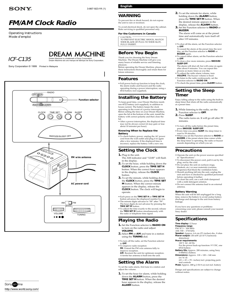 Sony Clock Radio ICF -C135 User manual Sony Clock Radio ICF -C135 User manual