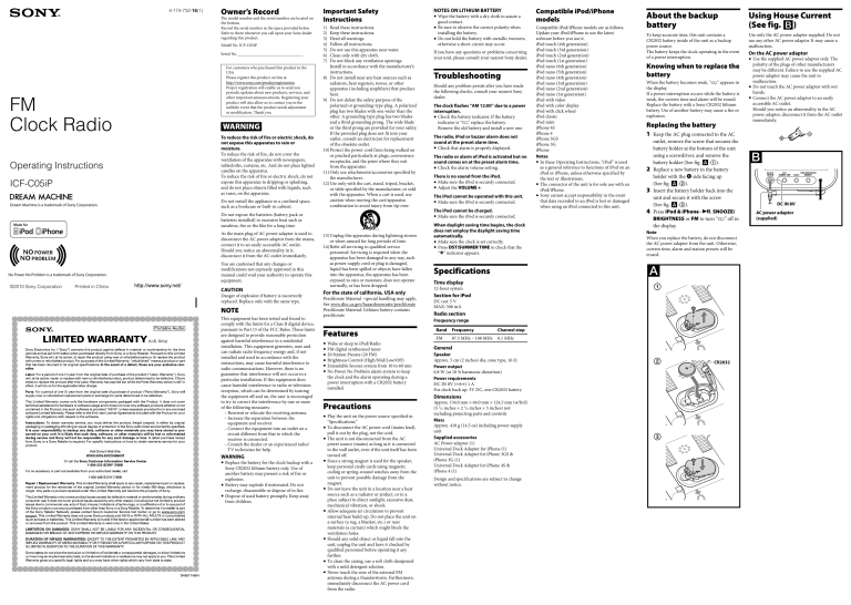 Sony Clock Radio ICF-C05iP User manual Sony Clock Radio ICF-C05iP User manual