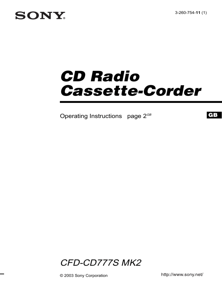 Sony Cassette Player CFD-CD777S MK2 User manual Sony Cassette Player CFD-CD777S MK2 User manual