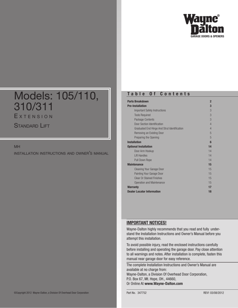 Wayne-Dalton Garage Door Opener 310/311 User manual Wayne-Dalton Garage Door Opener 310/311 User manual
