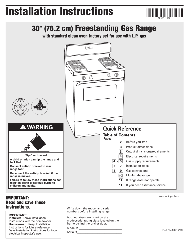 Whirlpool Range 98015195 User manual Whirlpool Range 98015195 User manual