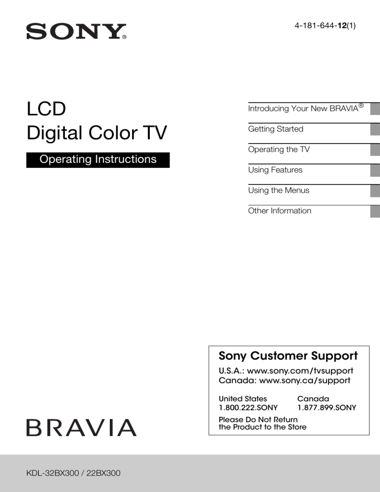 Sony KDL-32BX300, KDL-22BX300 Operating instructions Sony KDL-32BX300, KDL-22BX300 Operating instructions