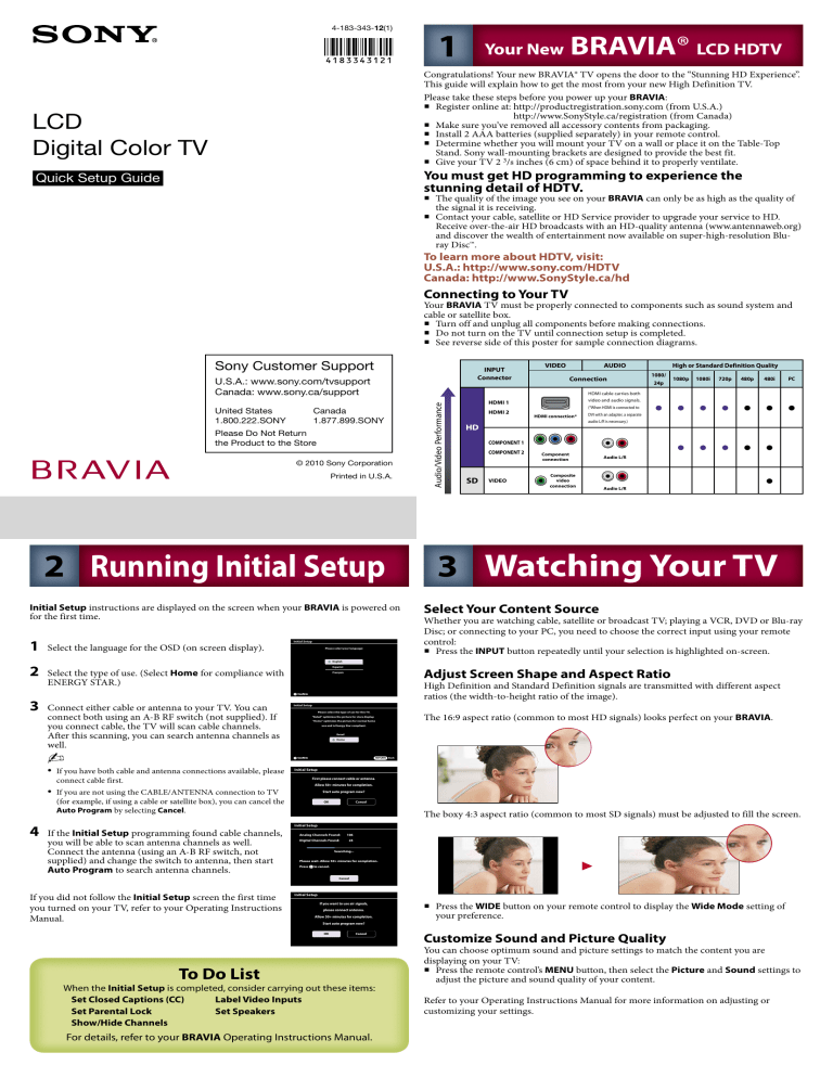 Sony KDL-32BX300, KDL-22BX300 Quick start guide Sony KDL-32BX300, KDL-22BX300 Quick start guide