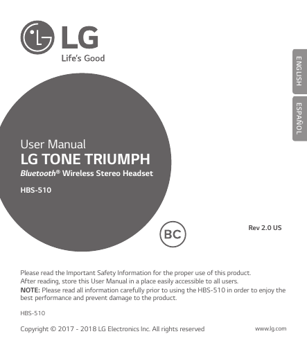 LG HBS-510 Black-Red, HBS-510 Black, HBS-510 Owner's manual LG HBS-510 Black-Red, HBS-510 Black, HBS-510 Owner's manual