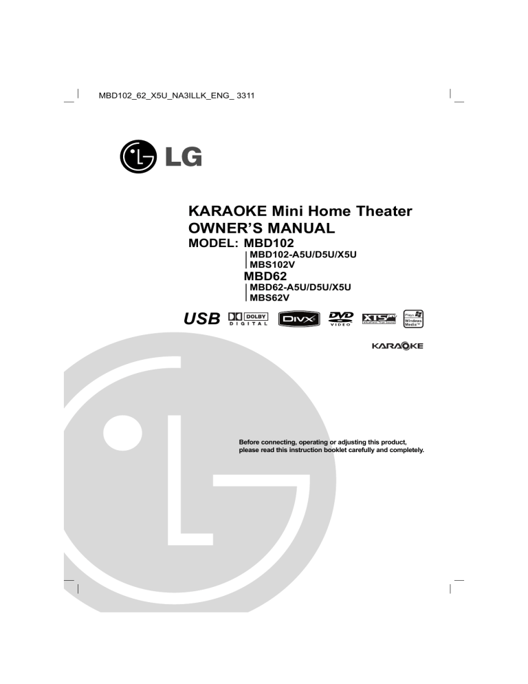 LG MBD62, MBD62-A5U, MBD102, MBD102-A5U Owner's manual LG MBD62, MBD62-A5U, MBD102, MBD102-A5U Owner's manual