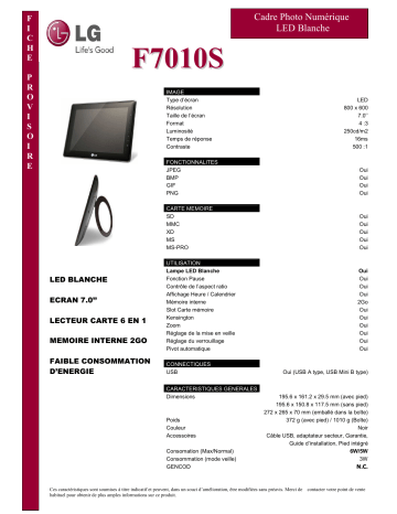 LG LG F7010S, F7010S-PN Specification LG LG F7010S, F7010S-PN Specification