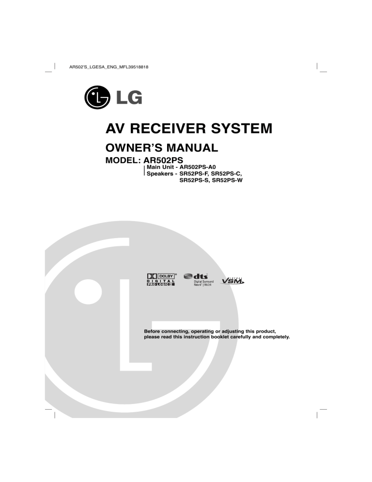 LG AR502PS-A0 Owner's manual LG AR502PS-A0 Owner's manual