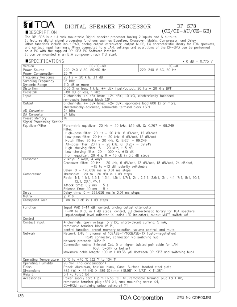 Optimus DP-SP3 CE/CE-AU/CE-GB, DP-SP3 Datasheet Optimus DP-SP3 CE/CE-AU/CE-GB, DP-SP3 Datasheet