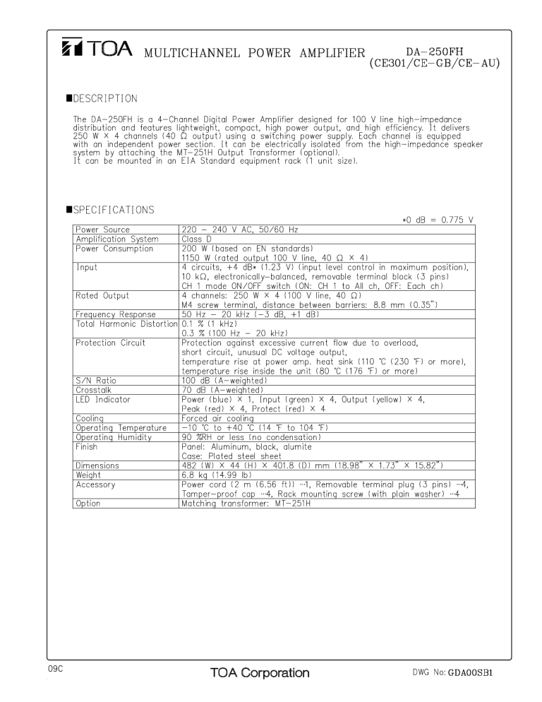 Optimus DA-250FH CE301/CE-GB/CE-AU, DA-250FH Datasheet Optimus DA-250FH CE301/CE-GB/CE-AU, DA-250FH Datasheet