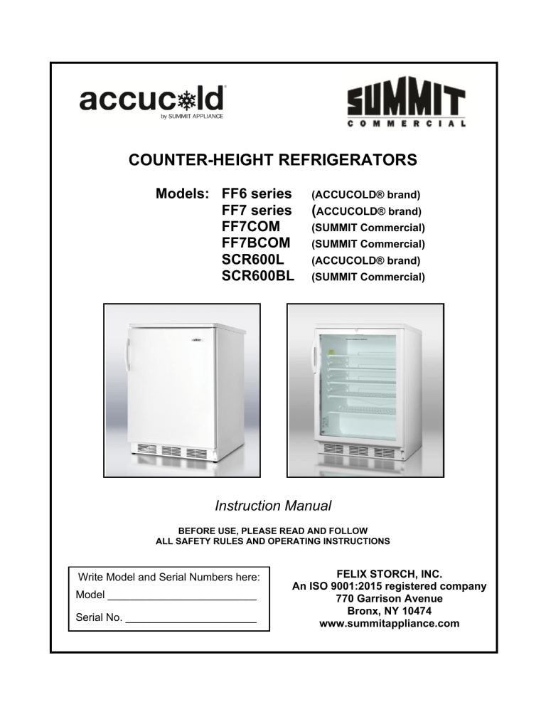 Summit AL750WBI, AL750, AL752LBLSSTB, FF6L7NZ, L752LBLSSHH, FF7LBLKBISSHHADA Instruction manual Summit AL750WBI, AL750, AL752LBLSSTB, FF6L7NZ, L752LBLSSHH, FF7LBLKBISSHHADA Instruction manual