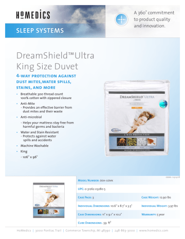 HoMedics DSH-UDVK Sleep System DreamShield Ultra King Size Duvet, DSH-UDVK Owner's manual HoMedics DSH-UDVK Sleep System DreamShield Ultra King Size Duvet, DSH-UDVK Owner's manual