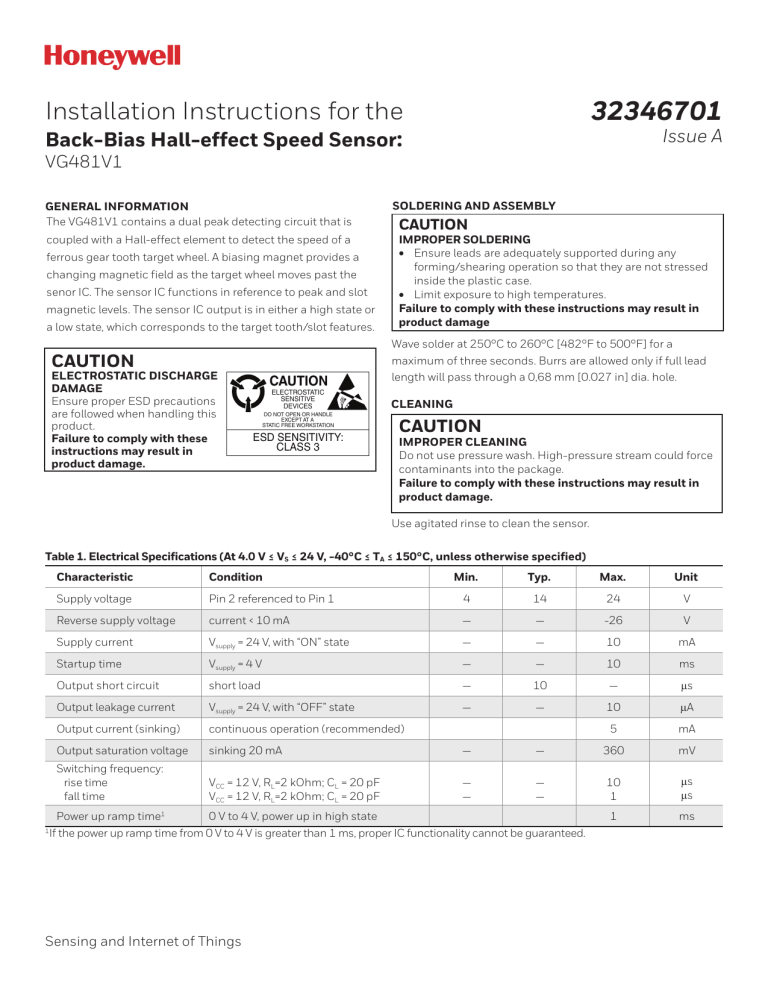 Honeywell VG481V1 Back Biased Hall Sensor Integrated Circuit Installation guide Honeywell VG481V1 Back Biased Hall Sensor Integrated Circuit Installation guide