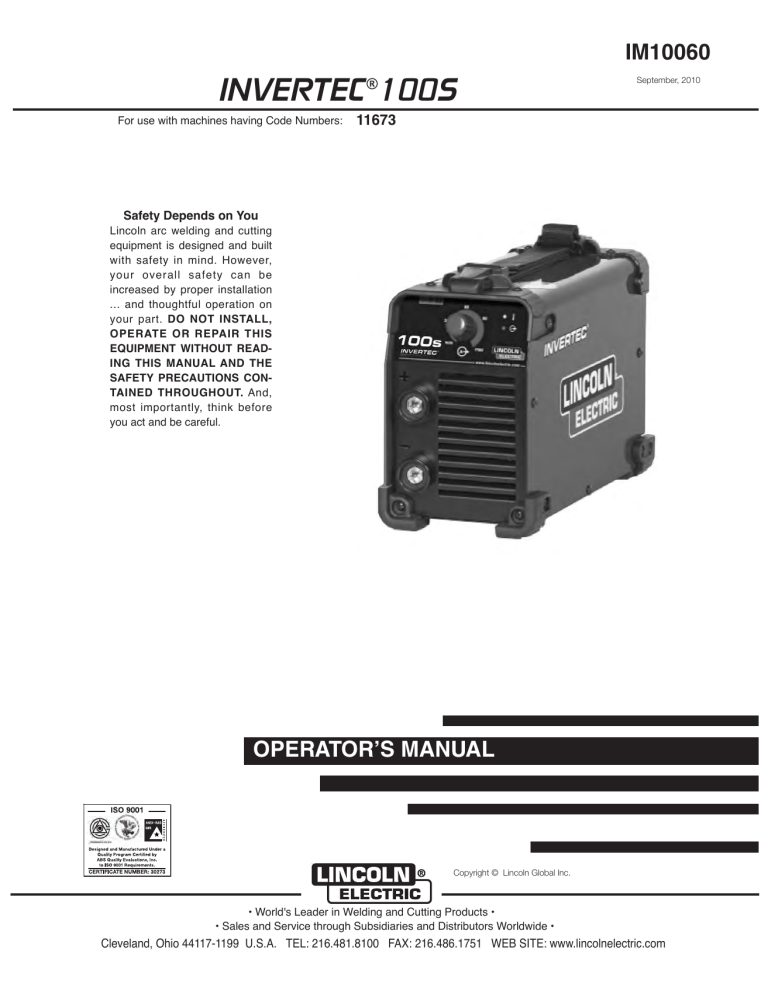 Lincoln Electric Invertec 100S Operating instructions Lincoln Electric Invertec 100S Operating instructions