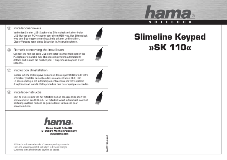 Hama 00052216 Owner's manual Hama 00052216 Owner's manual