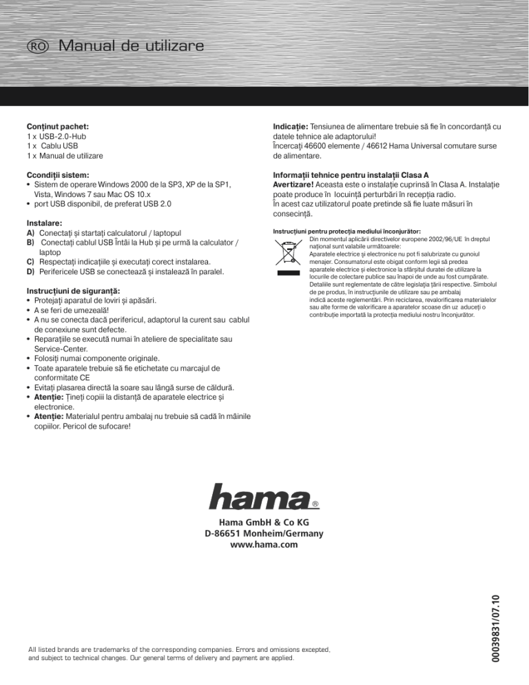 Hama 00039831 Owner's manual Hama 00039831 Owner's manual