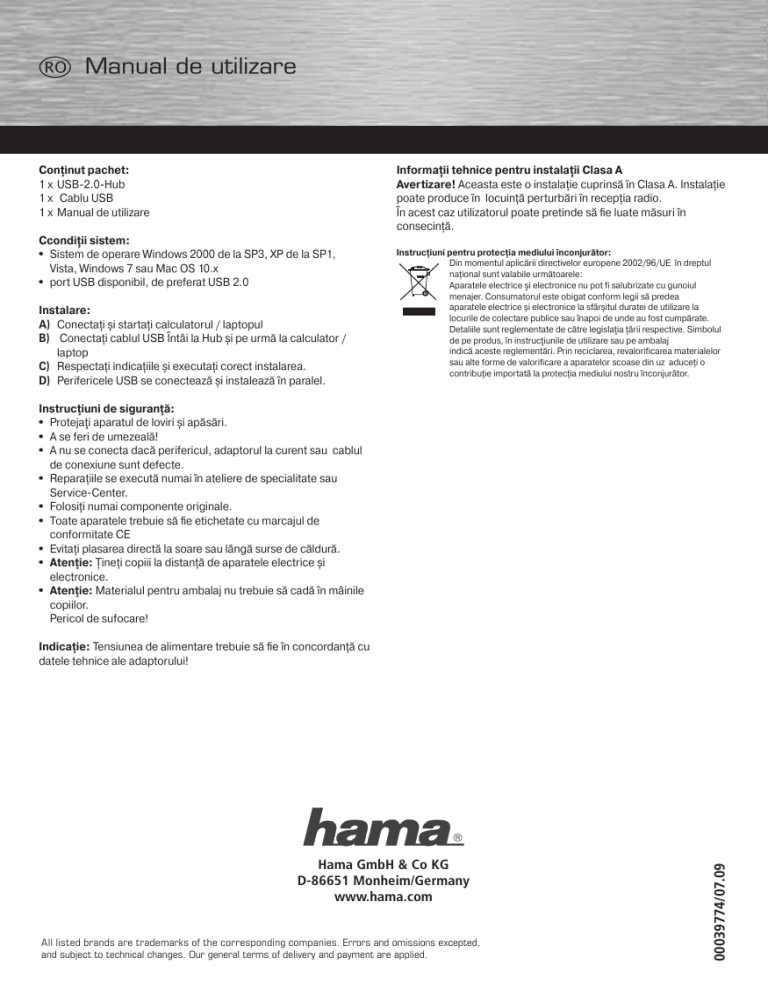 Hama 00039774 Owner's manual Hama 00039774 Owner's manual