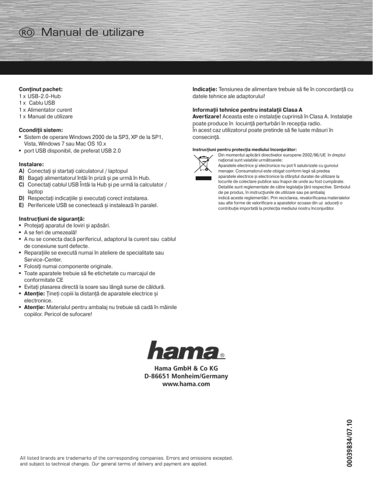 Hama 00039834 Owner's manual Hama 00039834 Owner's manual