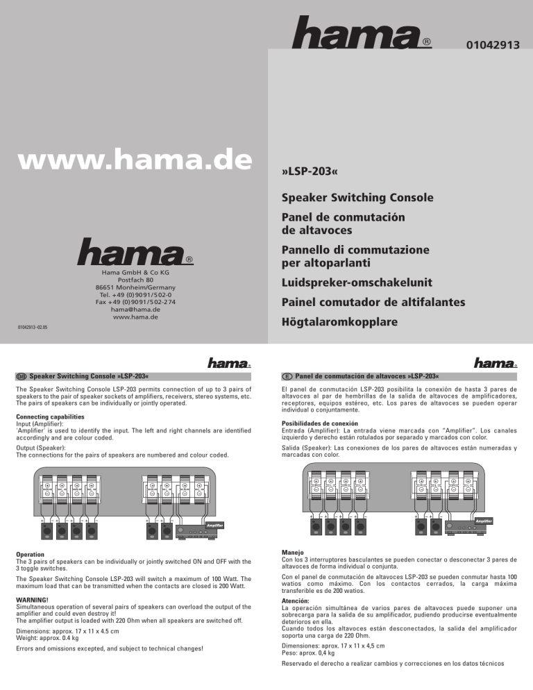 Hama 01042913 Owner's manual Hama 01042913 Owner's manual