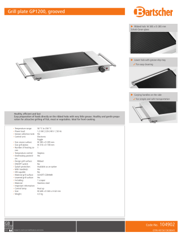 Bartscher 104902 Grill plate GP1200, grooved Data sheet | Manualzz Bartscher 104902 Grill plate GP1200, grooved Data sheet | Manualzz