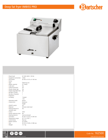 Bartscher 162500 Deep fat fryer IMBISS PRO Data sheet | Manualzz Bartscher 162500 Deep fat fryer IMBISS PRO Data sheet | Manualzz