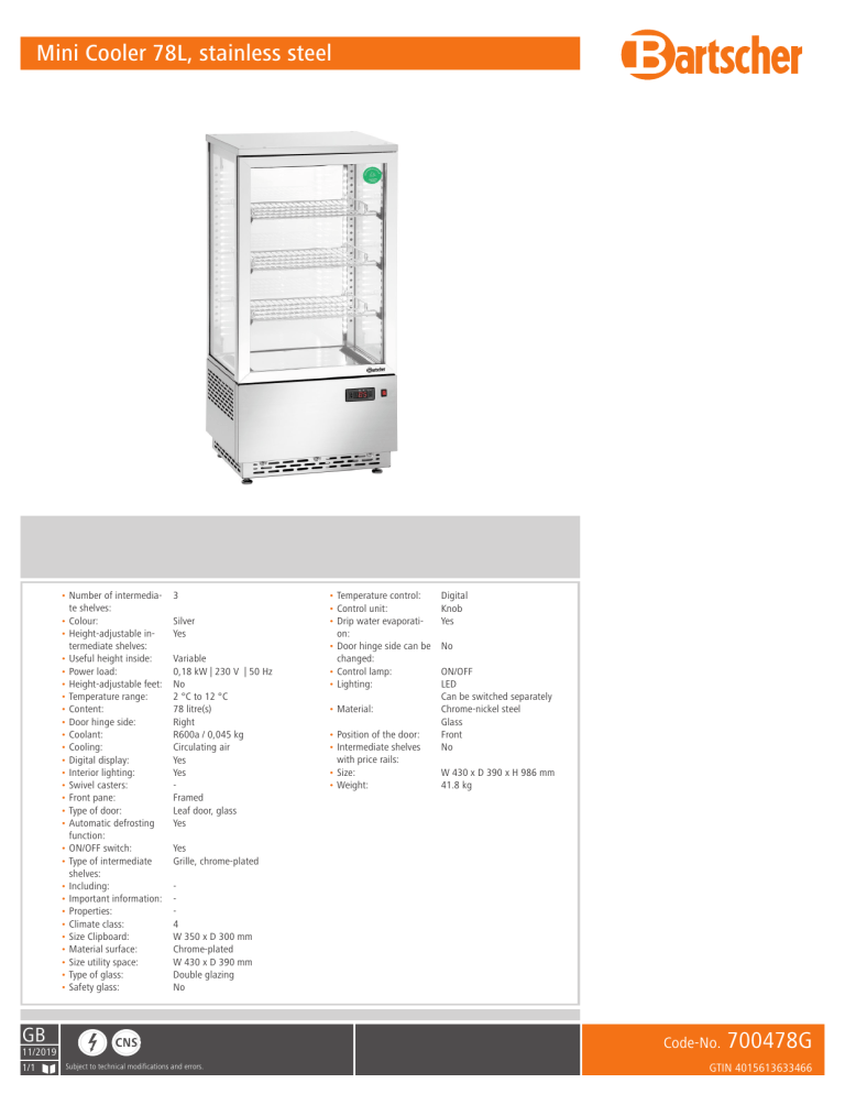 Bartscher 700478G Datasheet Bartscher 700478G Datasheet
