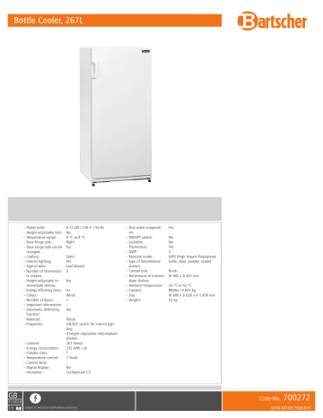 Bartscher 700272 Bottle Cooler, 267L Data sheet | Manualzz Bartscher 700272 Bottle Cooler, 267L Data sheet | Manualzz