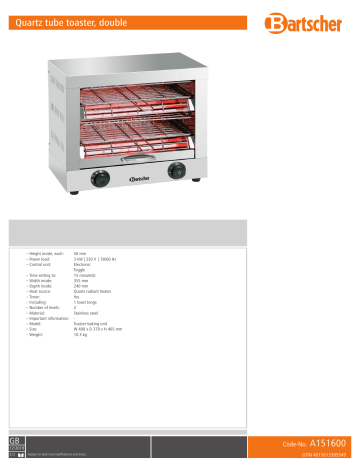 Bartscher A151600 Quartz tube toaster, double Data sheet | Manualzz Bartscher A151600 Quartz tube toaster, double Data sheet | Manualzz