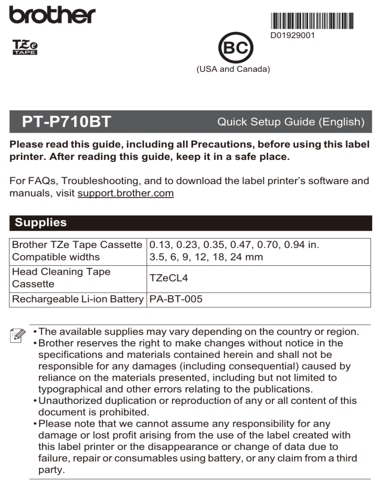 Brother PT-P710BT Quick setup guide Brother PT-P710BT Quick setup guide
