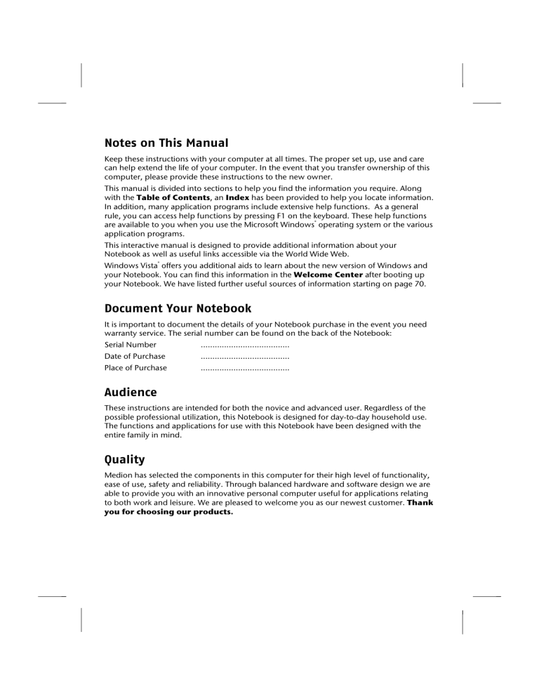 Medion Akoya P 661x Series User manual Medion Akoya P 661x Series User manual