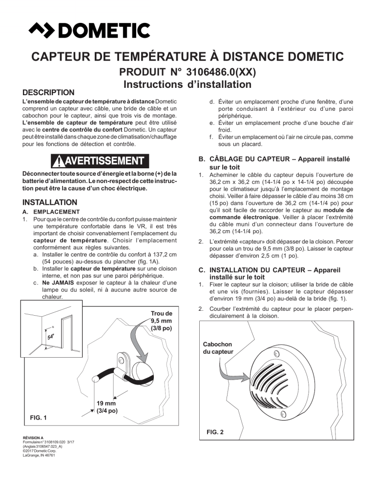 Dometic Remote Sensor Kit 3106486.0XX Installation guide Dometic Remote Sensor Kit 3106486.0XX Installation guide