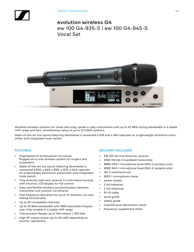 Sennheiser MMD 945, EM 100 G4, MMD 935, EW 100 G4-935-S, EW 100 G4-945-S, SKM 100 G4-S Specification Sennheiser MMD 945, EM 100 G4, MMD 935, EW 100 G4-935-S, EW 100 G4-945-S, SKM 100 G4-S Specification