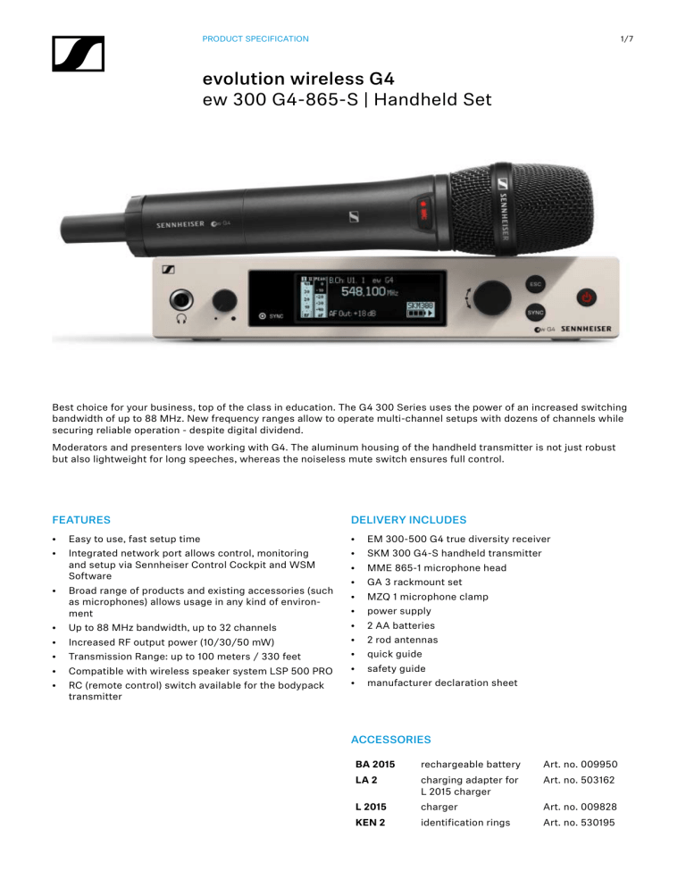 Sennheiser MME 865, SKM 300 G4-S, EM 300-500 G4, EW 300 G4-865-S Specification Sennheiser MME 865, SKM 300 G4-S, EM 300-500 G4, EW 300 G4-865-S Specification