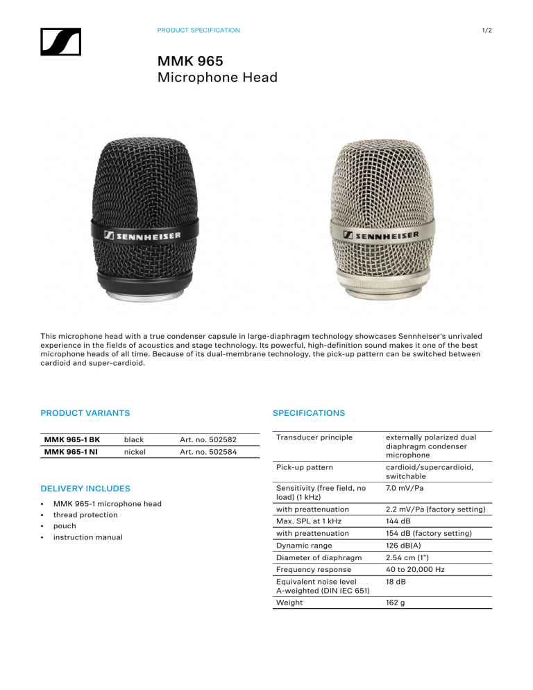 Sennheiser MMK 965 Specification Sennheiser MMK 965 Specification