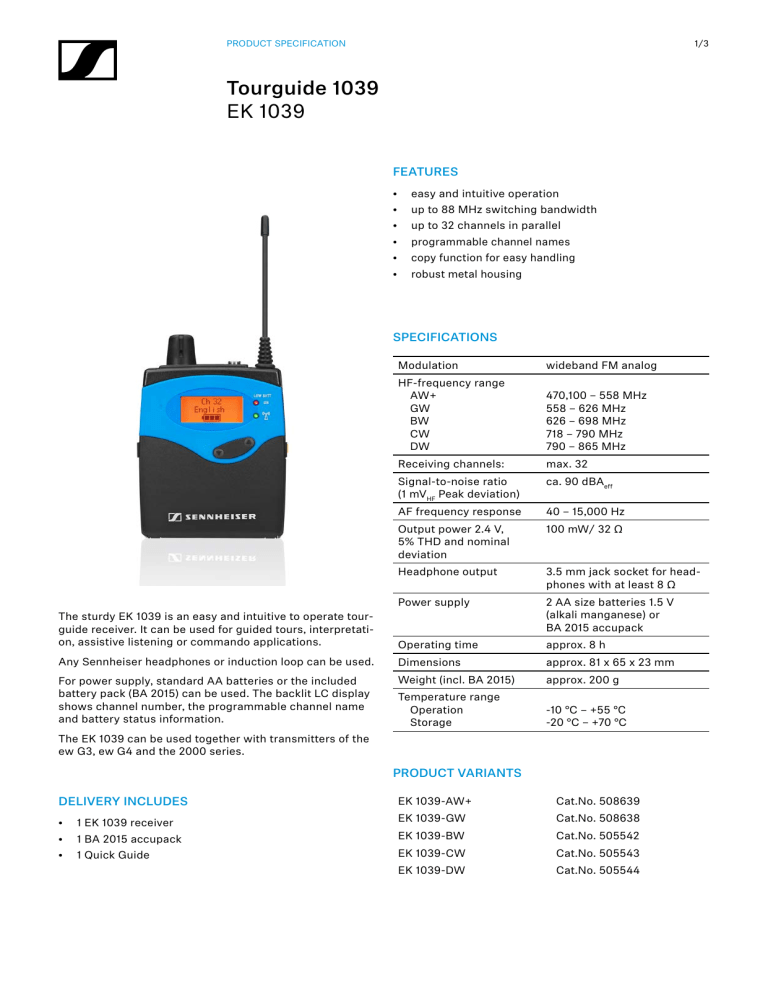 Sennheiser EK 1039 Specification Sennheiser EK 1039 Specification