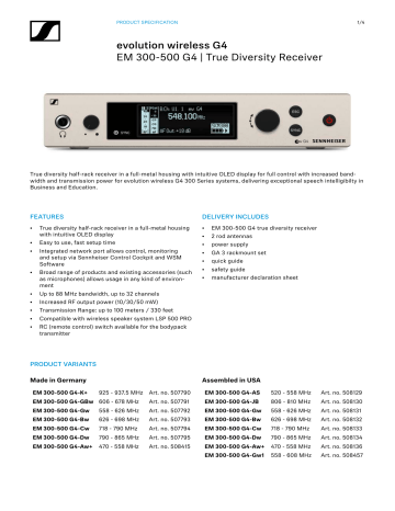 Sennheiser EM 300-500 G4 Specification Sennheiser EM 300-500 G4 Specification