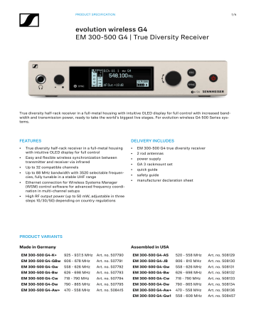 Sennheiser EM 300-500 G4 Specification Sennheiser EM 300-500 G4 Specification