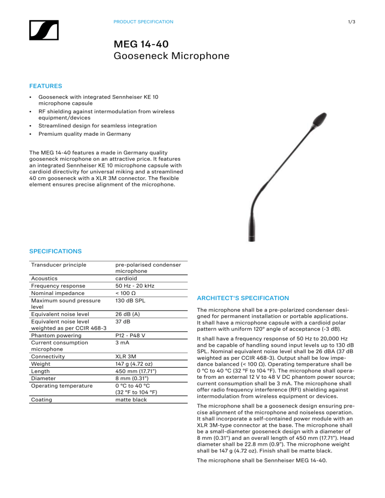 Sennheiser MEG 14-40 Specification Sennheiser MEG 14-40 Specification