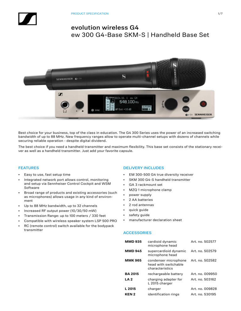 Sennheiser SKM 300 G4-S Specification Sennheiser SKM 300 G4-S Specification