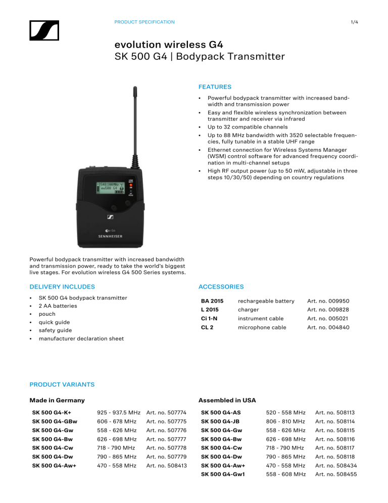 Sennheiser SK 500 G4 Specification Sennheiser SK 500 G4 Specification