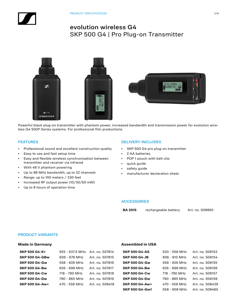 Sennheiser SKP 500 G4 Specification Sennheiser SKP 500 G4 Specification